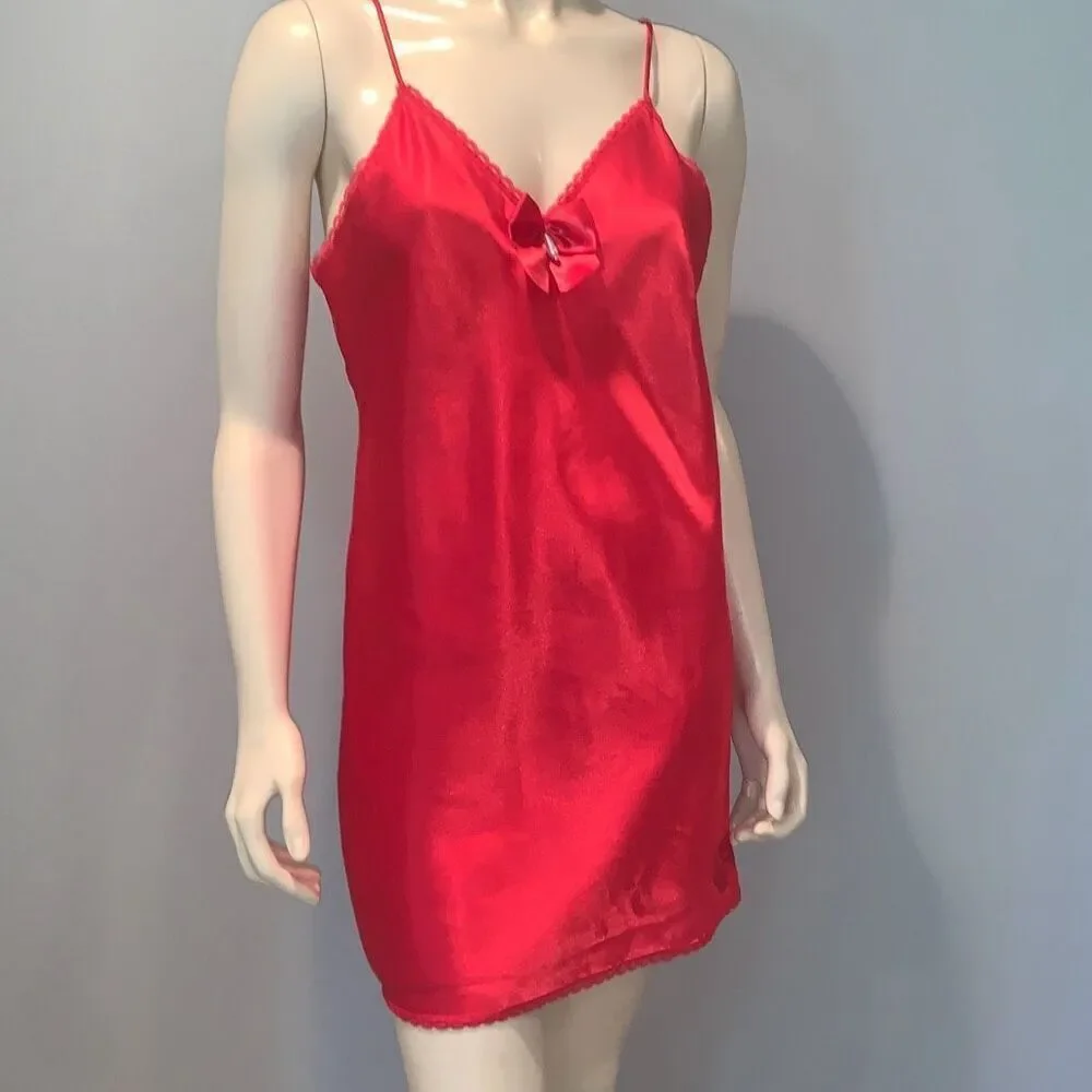 Vintage Lady Manhattan Red Satin Slip Dress with Bow Size Medium - Picture 1 of 13